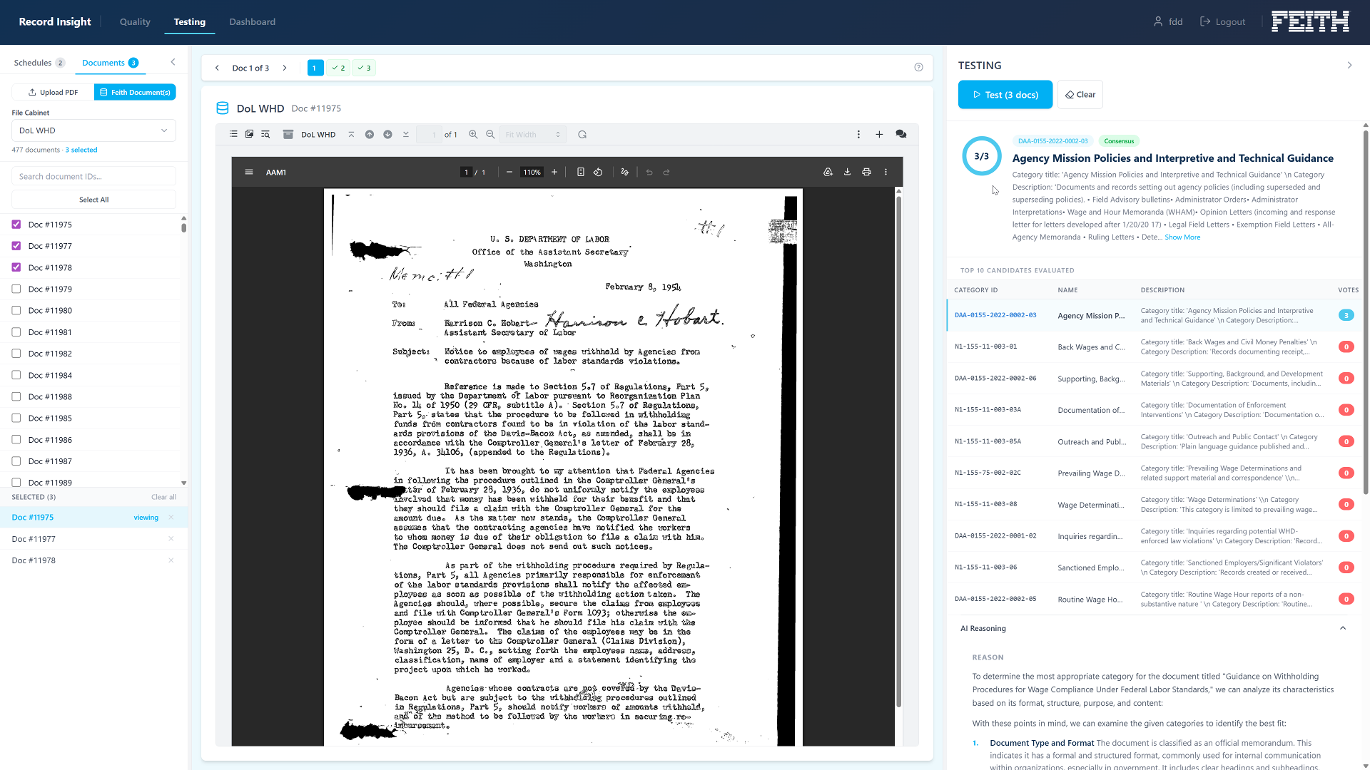 Record Insight categorizing a federal records memo, showing consensus voting across candidate NARA categories and the AI's stated reasoning
