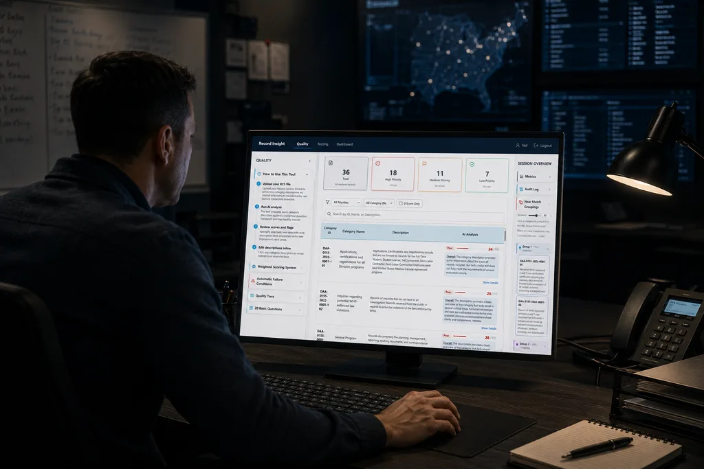 Records analyst reviewing AI-scored schedule categories in Record Insight