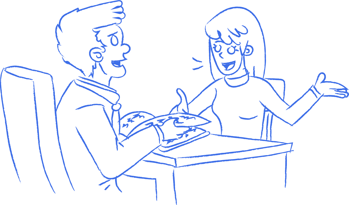 Two people in an animated, friendly conversation