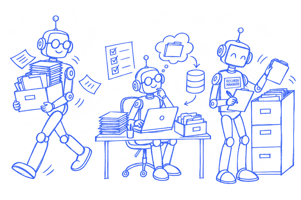 Three records robots at work: carrying files, sorting records at a laptop, and filing a cabinet