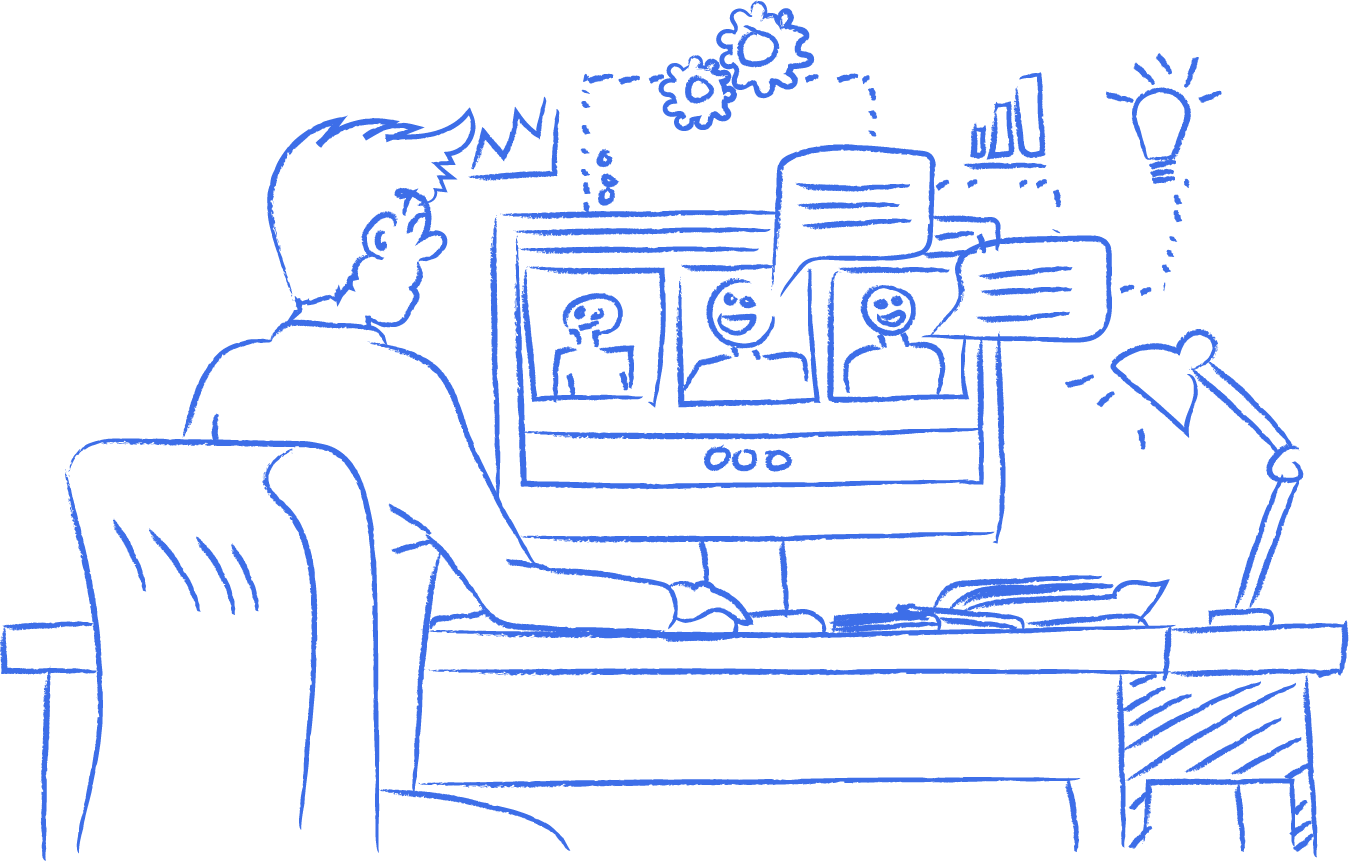 Attending an RMU session by video call, peers on screen